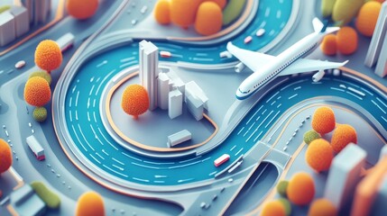 Obraz premium conceptual city planning visualization, overhead view of transport systems, roundabout with miniature vehicles, curving train path, blue water stream, white plane icon, organic shape background,