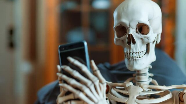 Human skeleton with skull using smartphone, Skeleton holding smartphone	