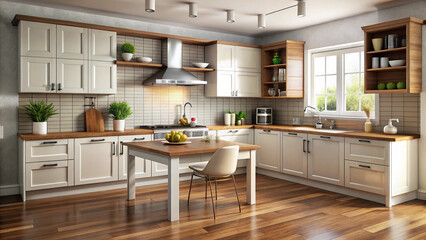 modern kitchen interior with fireplace