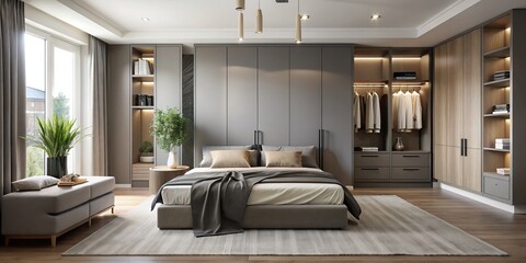 Candid Photography of a Modern Minimalist Bedroom Featuring a Stylish Gray Wardrobe in Interior Design, Emphasizing Contemporary Aesthetics and Cozy Atmosphere