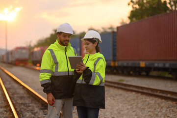 Supervisor Engineer checks inventory or job details on freight train cars and containers. Logistics concept, import and export industry.