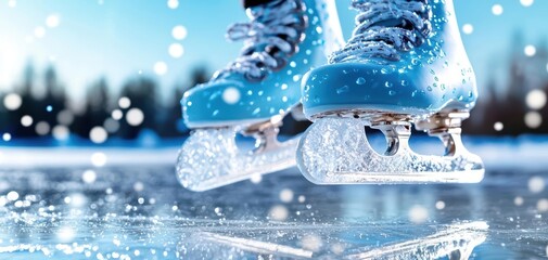 Close-up of blue ice skates on a frozen rink, glittering with ice particles.