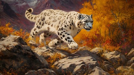 A snow leopard is walking on the rocky terrain of an Asian landscape, its spotted coat blending with the autumn colors in the background