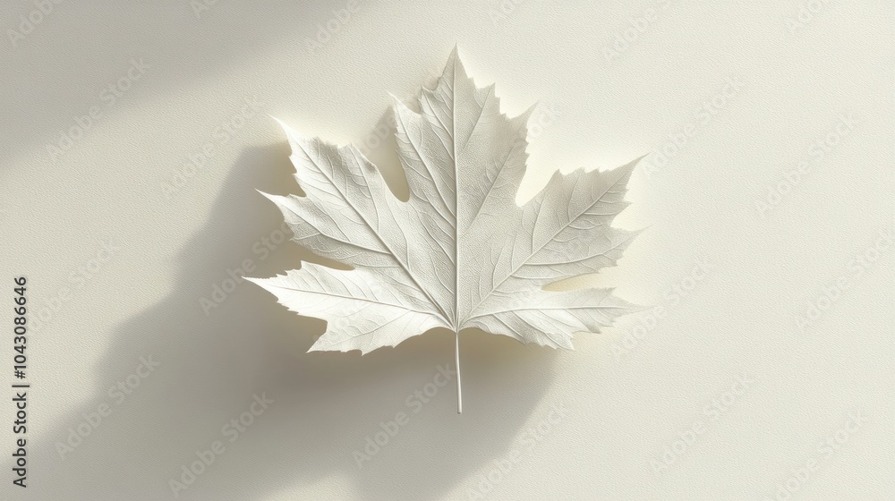 Poster a white maple leaf casting a soft shadow on a light background.