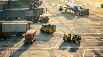 Ground crew servicing airplane on airport tarmac. Cargo loading, ground operations, airport logistics, travel, aviation, and aircraft preparation.