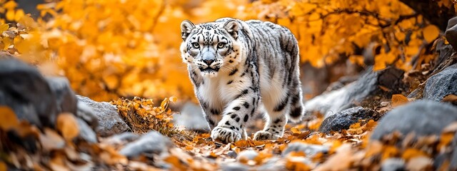 A snow leopard is walking on the rocky terrain of an Asian landscape, its spotted coat blending with the autumn colors in the background