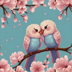 Produce a digital painting of two cute, cartoon birds cuddling, one in light pink and the other in light blue, both with large expressive eyes and soft, fluffy feathers. Their heads should be touching