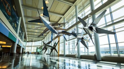 Large mural of vintage airplanes on hangar wall. Aviation history, airplane art, aviation-themed mural, and industrial interior design.