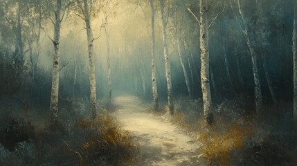 Fototapeta premium A misty forest path surrounded by trees, evoking tranquility and nature's beauty.