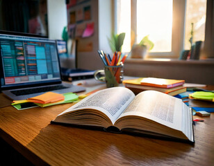 Open pages of a book, and a computer with academic graphs during a school research session focused on learning and knowledge for International Education Day.
