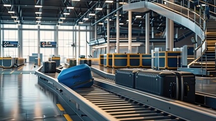 Luggage on a conveyor belt in an airport baggage handling area. Industrial logistics, airport operations, travel, and automated sorting systems.
