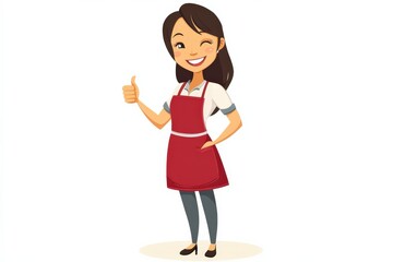 Fototapeta premium Asian Waitress Thumbs Up. Beautiful Asian Woman in Apron with Background