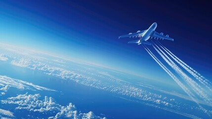 Obraz premium Commercial airplane flying through the clouds at sunset. Aviation, travel, air transport, and sky travel