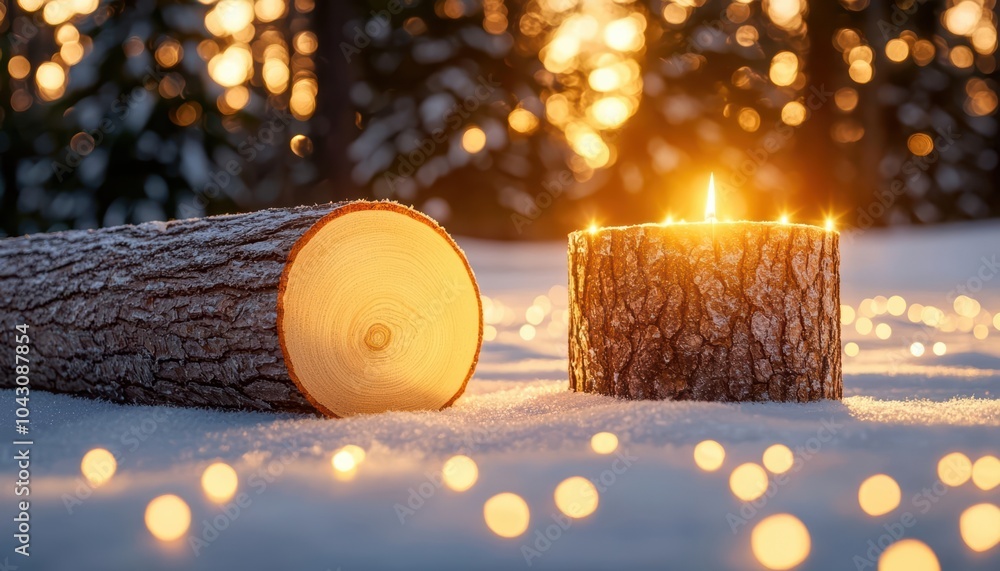 Poster log candles glowing softly on snow, surrounded by warm lights in a serene forest setting