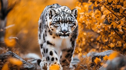 Fototapeta premium A snow leopard is walking on the rocky terrain of an Asian landscape, its spotted coat blending with the autumn colors in the background
