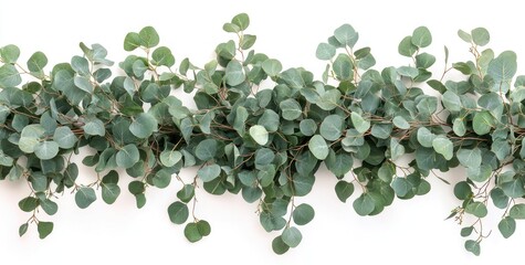 A lush arrangement of green eucalyptus leaves on a white background.