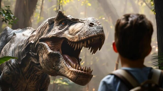 Tyrannosaurus rex dinosaur and a people. Dinosaur roaring in jungle	