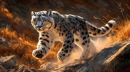 Fototapeta premium A snow leopard is walking on the rocky terrain of an Asian landscape, its spotted coat blending with the autumn colors in the background
