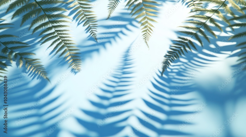Poster shadows of ferns cast on a soft blue background, creating a serene and calming atmosphere.