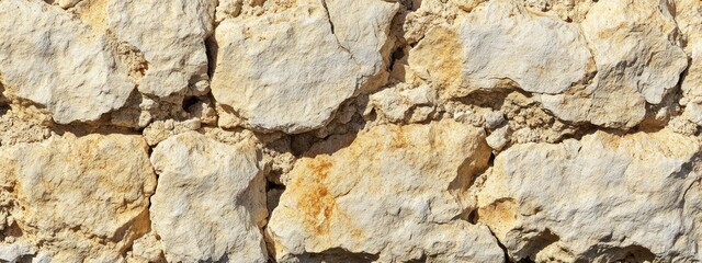 Close-up of a textured stone wall with various shades of beige and yellow.