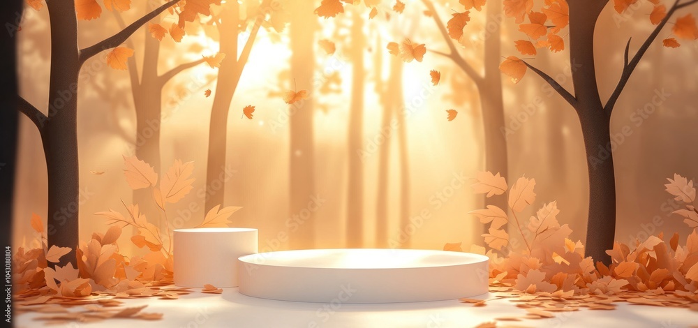 Aufkleber a serene forest scene with a circular platform surrounded by autumn leaves and soft light.