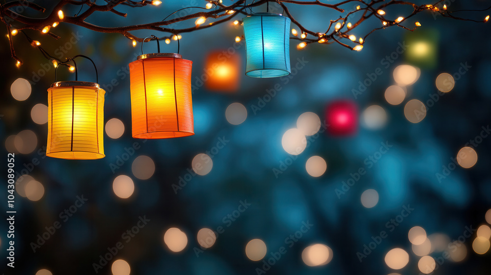 Poster Bright lanterns illuminating branches of trees create magical atmosphere, surrounded by soft bokeh lights. vibrant colors enhance enchanting scene