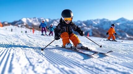Young child skiing on snowy slopes with sunny blue sky and mountains in background.