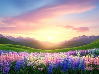 Fototapeta premium A vibrant landscape featuring colorful flowers under a stunning sunset, with mountains in the background showcasing serene beauty.