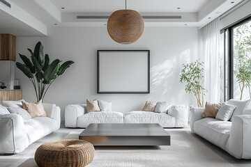 Modern Scandinavian interiors in the living room with pots and white sofa windows visible. Generative AI
