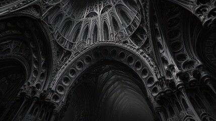 A dark fractal design inspired by gothic architecture, with intricate details and shadowy hues creating depth. 