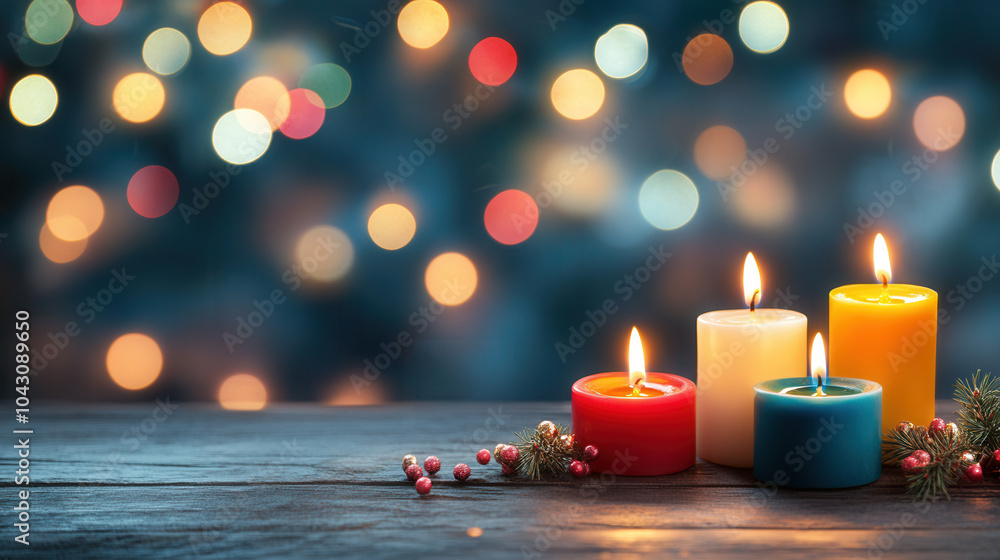 Poster warm and serene close up of glowing candles in row, creating cozy atmosphere with soft bokeh lights 