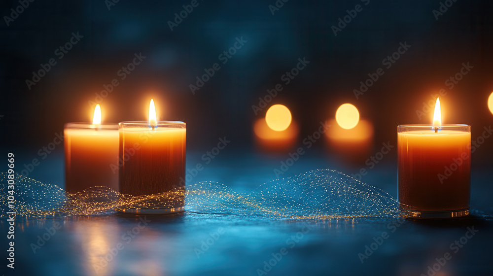Poster warm and serene close up of glowing candles in row, creating tranquil atmosphere with soft light and