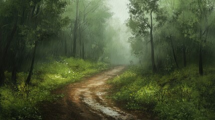 Naklejka premium A serene forest path surrounded by lush greenery and mist, inviting exploration and tranquility.