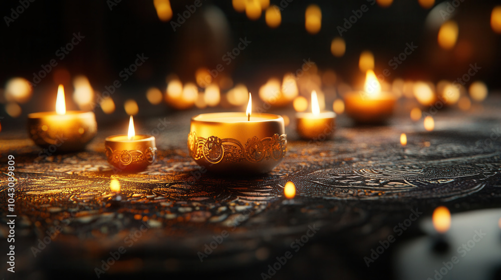 Poster serene scene featuring glowing candles arranged on intricately patterned surface, creating warm and 