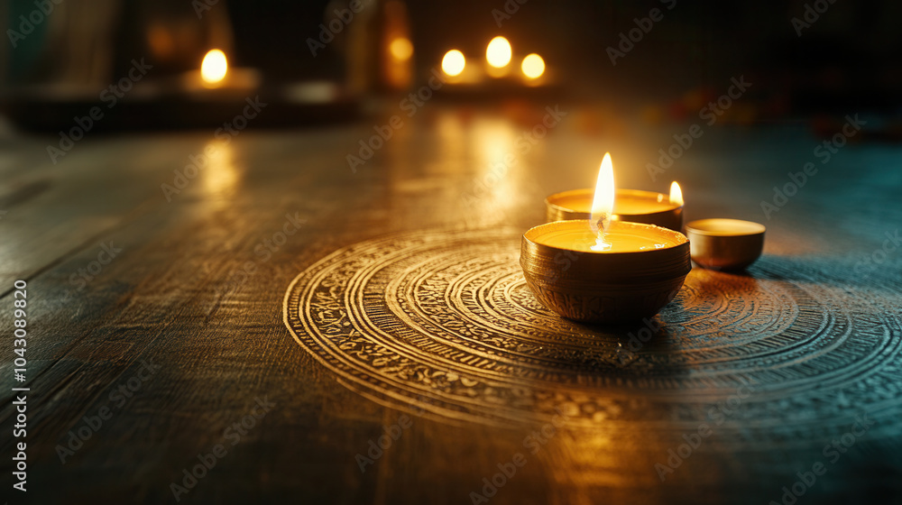 Poster serene close up of intricate rangoli patterns illuminated by glowing candles, creating warm and invi