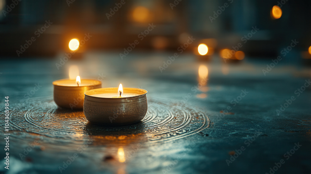 Poster softly glowing candles illuminate intricate rangoli patterns on serene surface, creating tranquil an