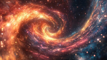 A digital representation of a fractal galaxy, with swirling stars and cosmic dust rendered in a kaleidoscope of colors 