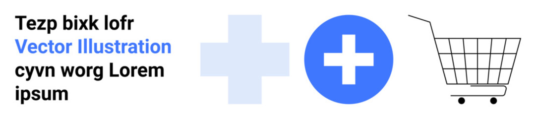 Obraz premium Healthcare symbols including a blue cross and a shopping cart depicting online medical purchases or healthcare shopping. Ideal for online shopping, pharmacy, medical care, e-commerce, and healthcare