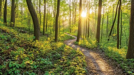 Fototapeta premium A serene forest path with sunlight filtering through trees, inviting exploration and tranquility.