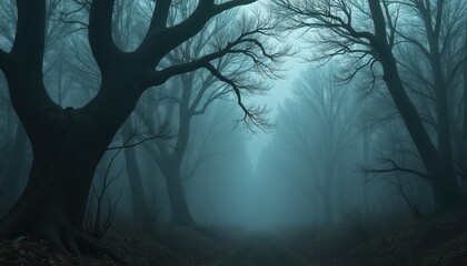 Obraz premium A Dark Foggy Forest with Spiders Creeping and Bats Lurking Among the Gnarled Trees