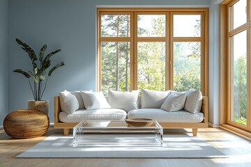Minimalist, modern Scandinavian interiors in the living room with sky blue-finished walls and white sofas and windows. Generative AI
