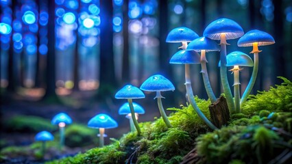 Fototapeta premium Glowing blue mushrooms illuminated by unseen source in dark forest