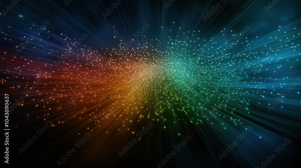 Poster vibrant abstract background with colorful light particles radiating outward, creating dynamic and en