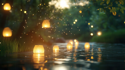Floating lanterns drifting over river create peaceful and serene atmosphere, illuminated by soft glowing lights amidst natures beauty