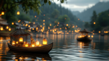 serene scene of floating lanterns drifting over river, creating peaceful atmosphere. gentle glow of lanterns reflects on water, enhancing tranquil beauty of landscape