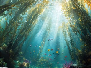 Obraz premium A mesmerizing underwater forest scene with towering kelp trees reaching toward the surface