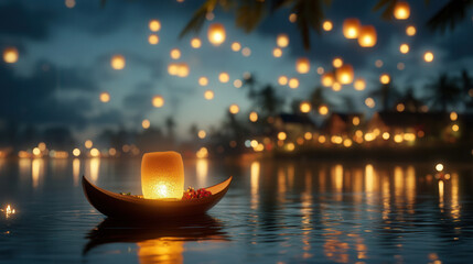 serene scene of floating lanterns drifting over river, creating peaceful atmosphere. warm glow of lanterns reflects beautifully on water, enhancing tranquil setting