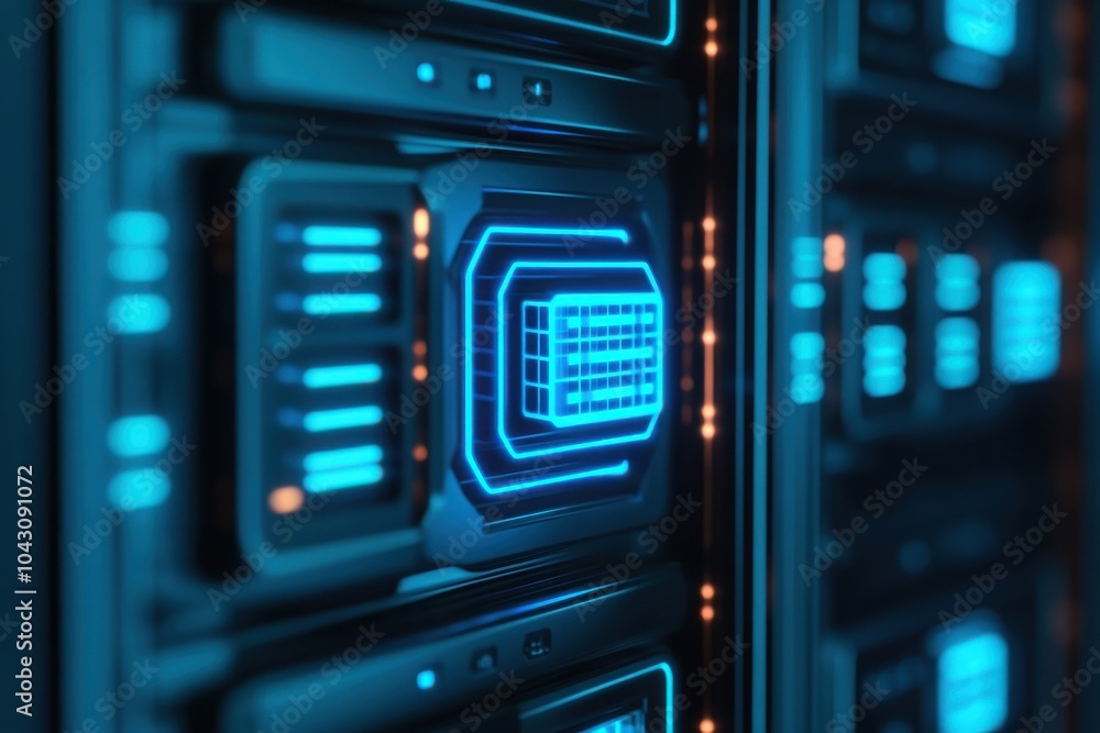 Poster close-up of a modern data server featuring glowing blue lights, showcasing advanced technology in a 