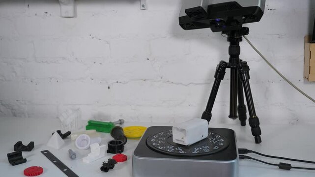 Close-up of a working modern 3D scanner reading data from a plastic object. A 3D scanner scans a plastic model in a modern laboratory. The process of creating 3D models. 