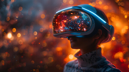 A person wearing a futuristic VR headset, immersed in a cosmic virtual reality experience, with galaxies and stars reflected in the visor